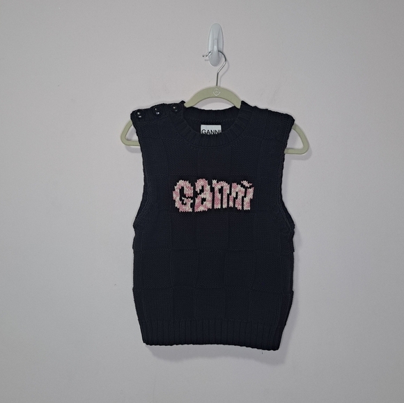 Ganni Logo Checkboard Knit Vest Dark Navy Small NWOT - Picture 2 of 7